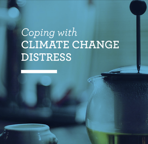 Text overlay on an out-of-focus laboratory background reads 'Coping with Climate Change Distress'