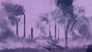 A watercolor painting of a factory with smokestacks emitting smoke, in purple hues.