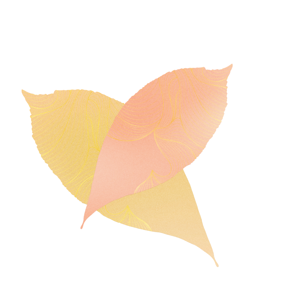 Three autumn leaves in shades of yellow, orange, and pink overlapping each other.