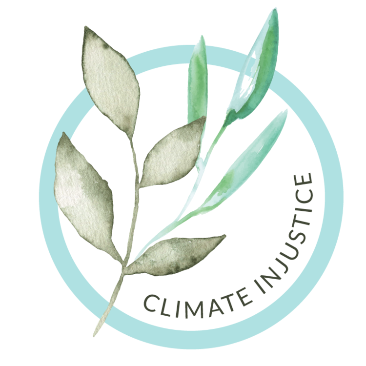 Watercolor drawing of olive leaves and a eucalyptus branch with the words "Climate Justice" written around a white circle, set against a light blue background.