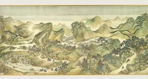 Traditional Chinese landscape painting depicting mountains, trees, and a river with small buildings and people.