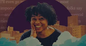 A smiling woman with curly hair standing in front of a cityscape with tall buildings, surrounded by fluffy clouds.