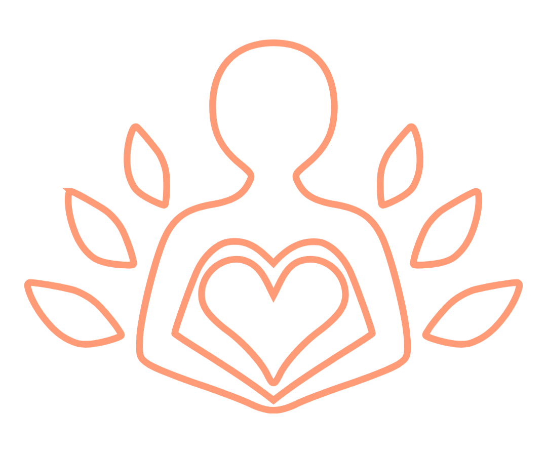 Line drawing of a person with a heart shape on their chest, surrounded by leaves, on a black background.