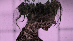 Silhouette of a woman's face with overlay of a forest landscape