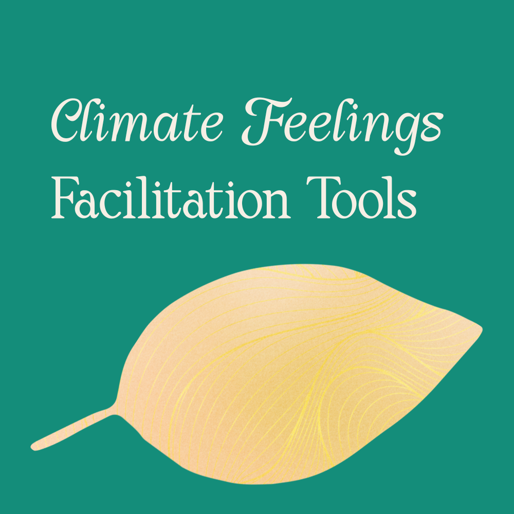 Cover image with teal background, text that reads 'Climate Feelings Facilitation Tools', and an illustration of a light yellow leaf.