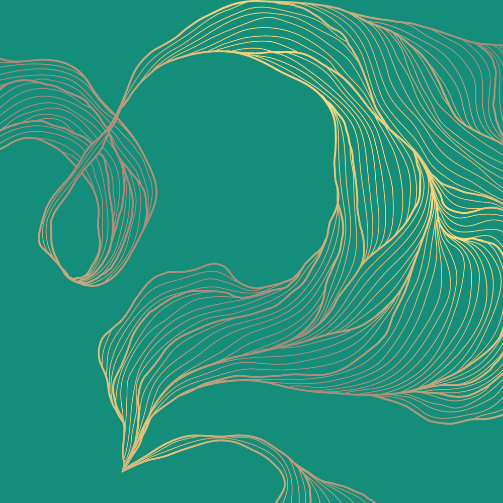 Abstract artwork with green background and flowing gold lines forming a floral pattern.