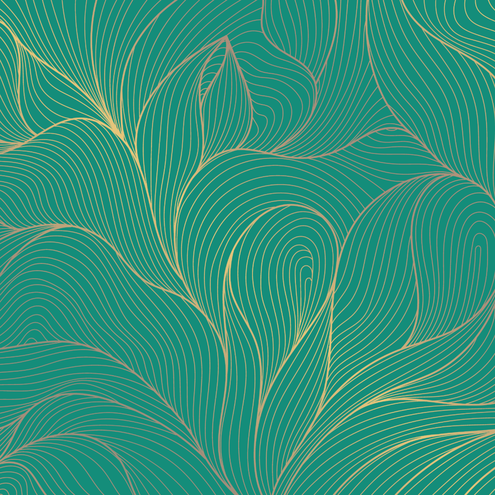 A decorative pattern of stylized leaves with flowing, curved lines in shades of teal and gold.