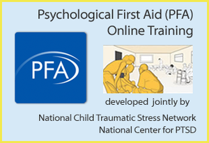 Graphic for Psychological First Aid (PFA) online training, developed by the National Child Traumatic Stress Network for PTSD, featuring a logo and an illustration of people in a classroom setting.
