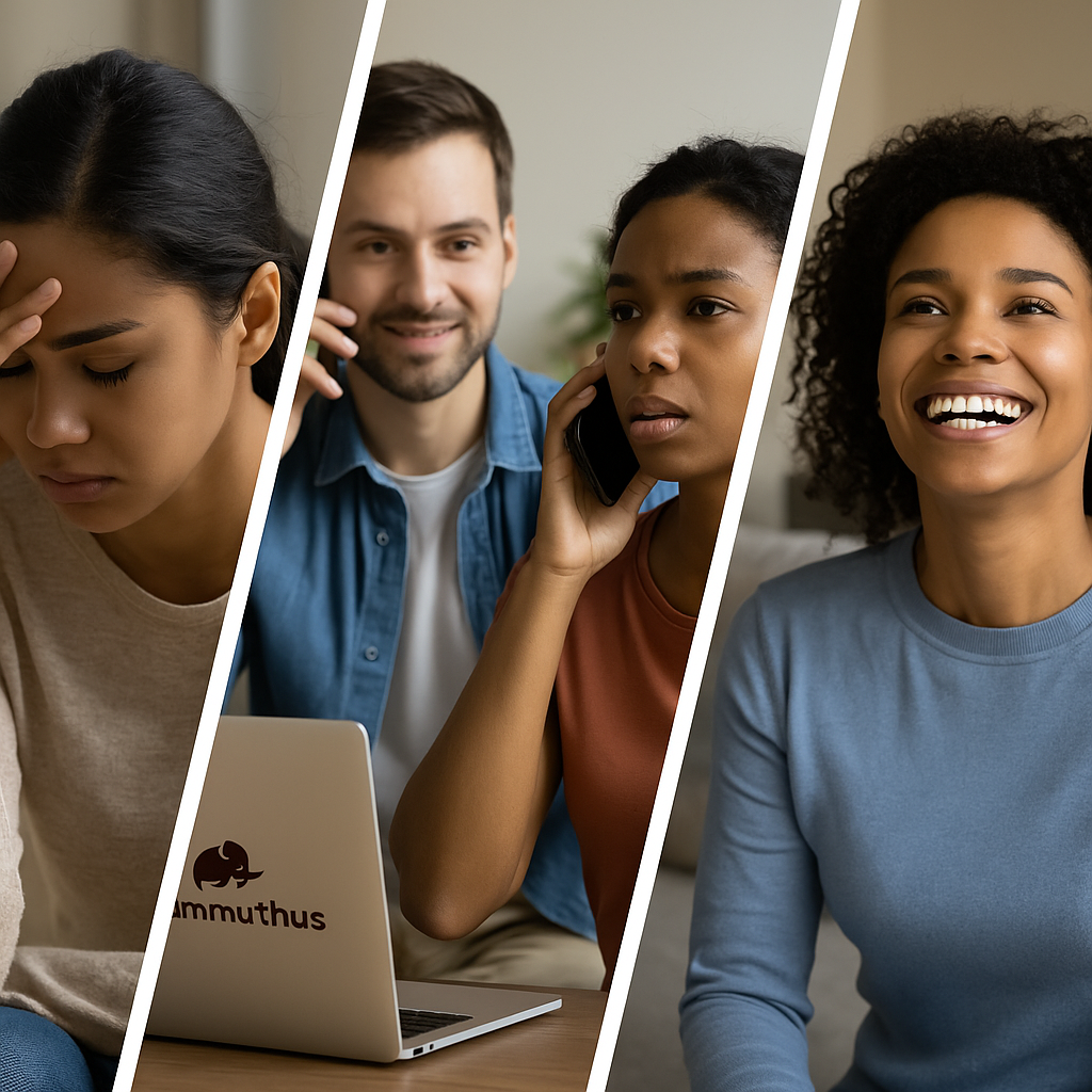 A collage of three women in different emotional states: one woman distressed holding her forehead, a woman on the phone looking concerned with a man smiling beside her, and a woman laughing happily, all indoors.