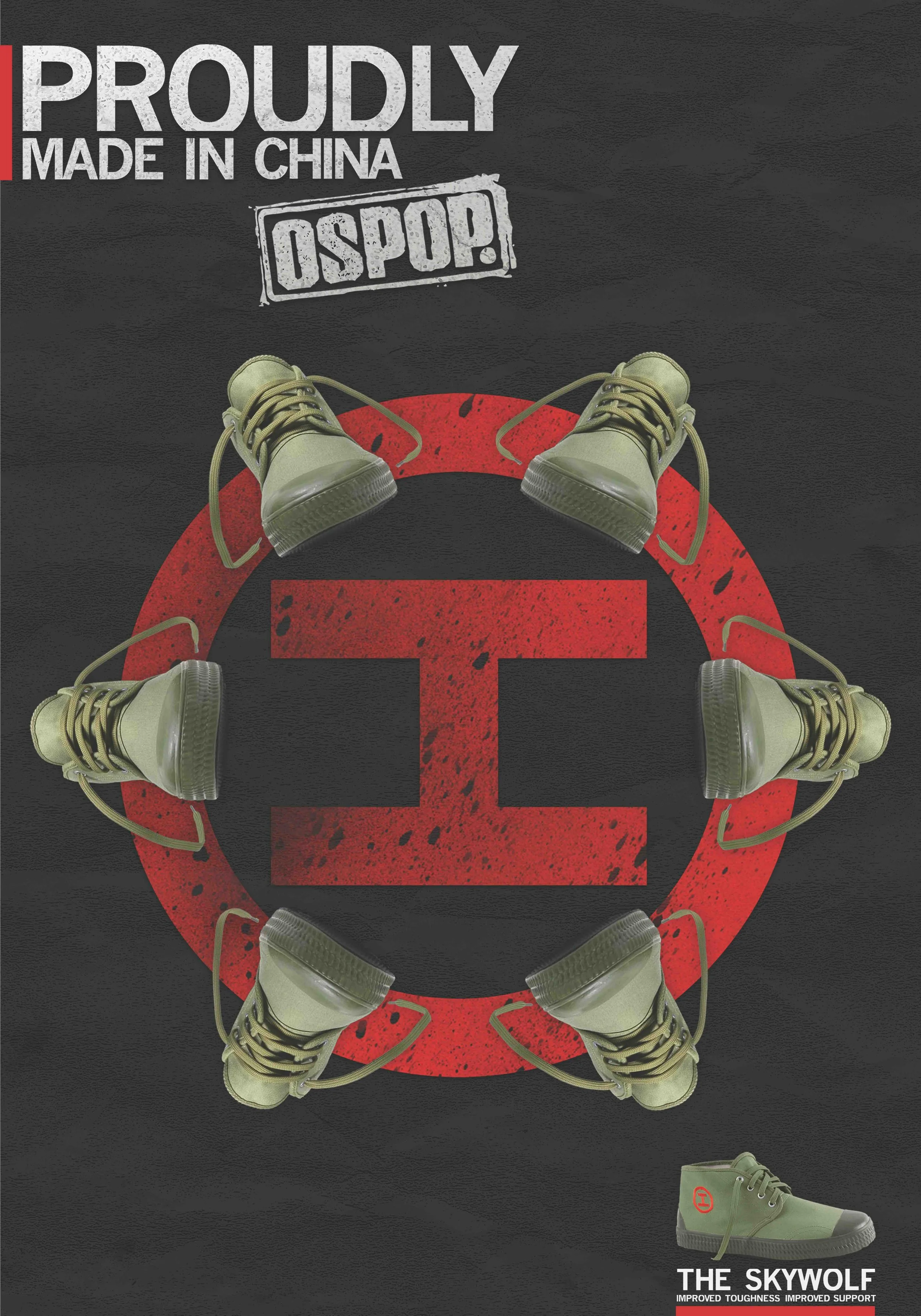 Industrial graphic design featuring Ospop shoes arranged in a mechanical wheel formation against a dark background, a user submission for the Ospop 'Made in China' creative contest