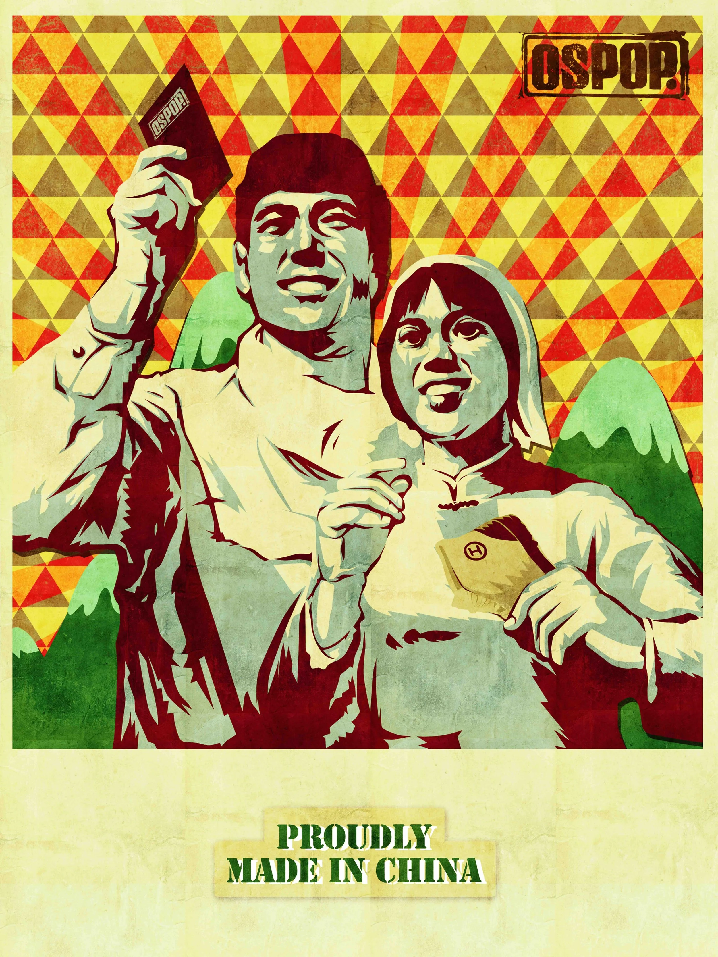 Retro propaganda-style poster featuring a smiling man and woman looking upward against a geometric background, a user submission for the Ospop 'Made in China' creative contest.