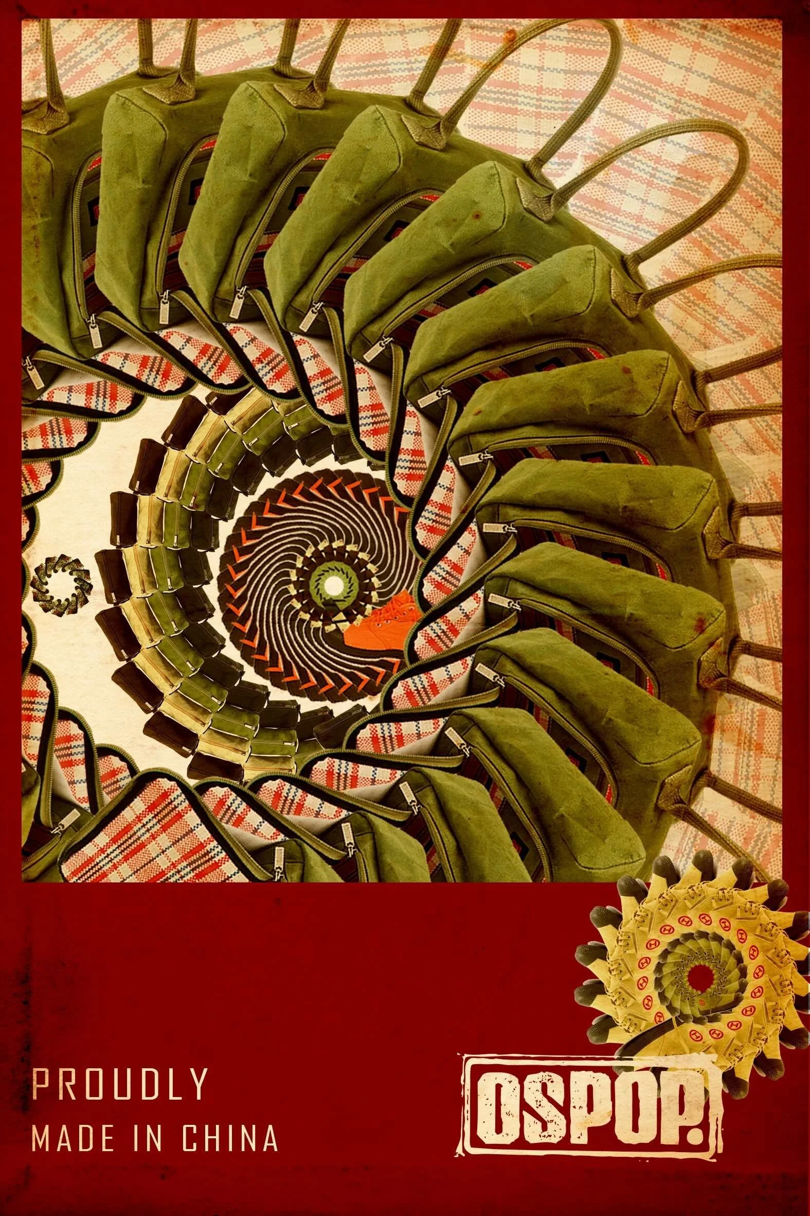 Kaleidoscopic spiral of green canvas shoes creating a dizzying motion effect on a red background, a user submission for the Ospop 'Made in China' creative contest.