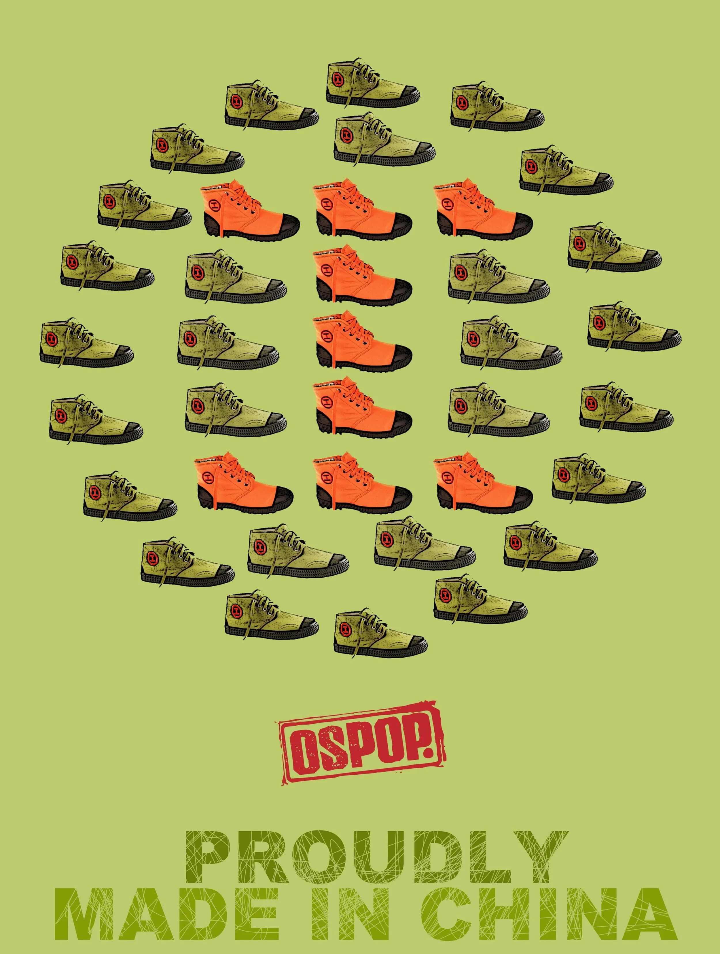 Minimalist pattern design featuring rows of green Ospop shoes on a solid olive background, a user submission for the Ospop 'Made in China' creative contest.