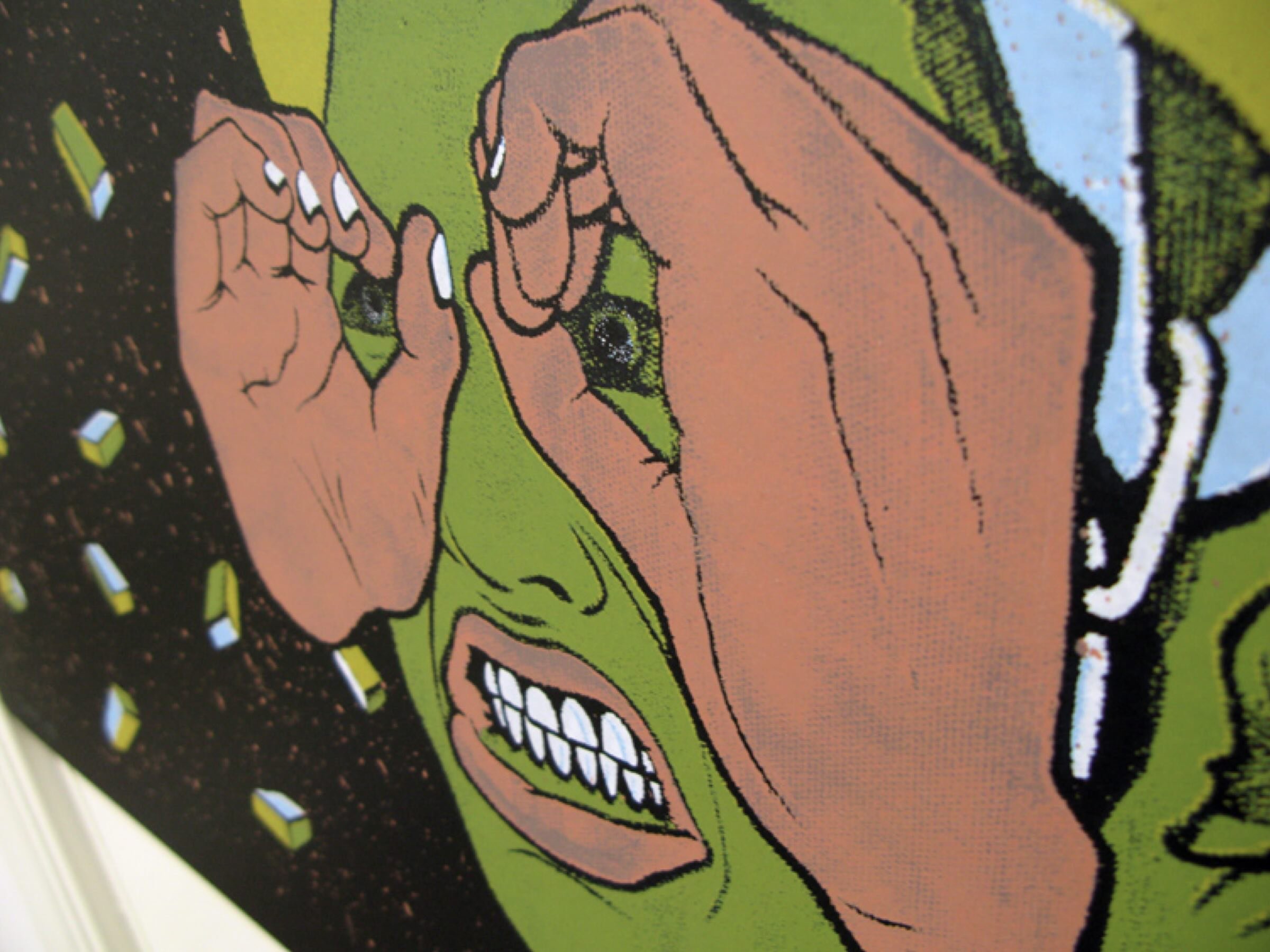 Detail view of the "Eyes Wide Open" artwork showing a stylized face prying its eyes open.
