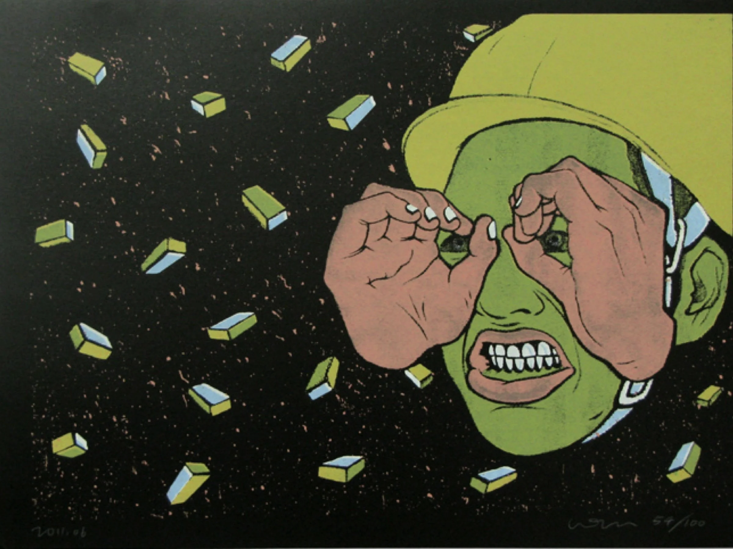 The final limited-edition screen print on black paper with floating gold brick details.