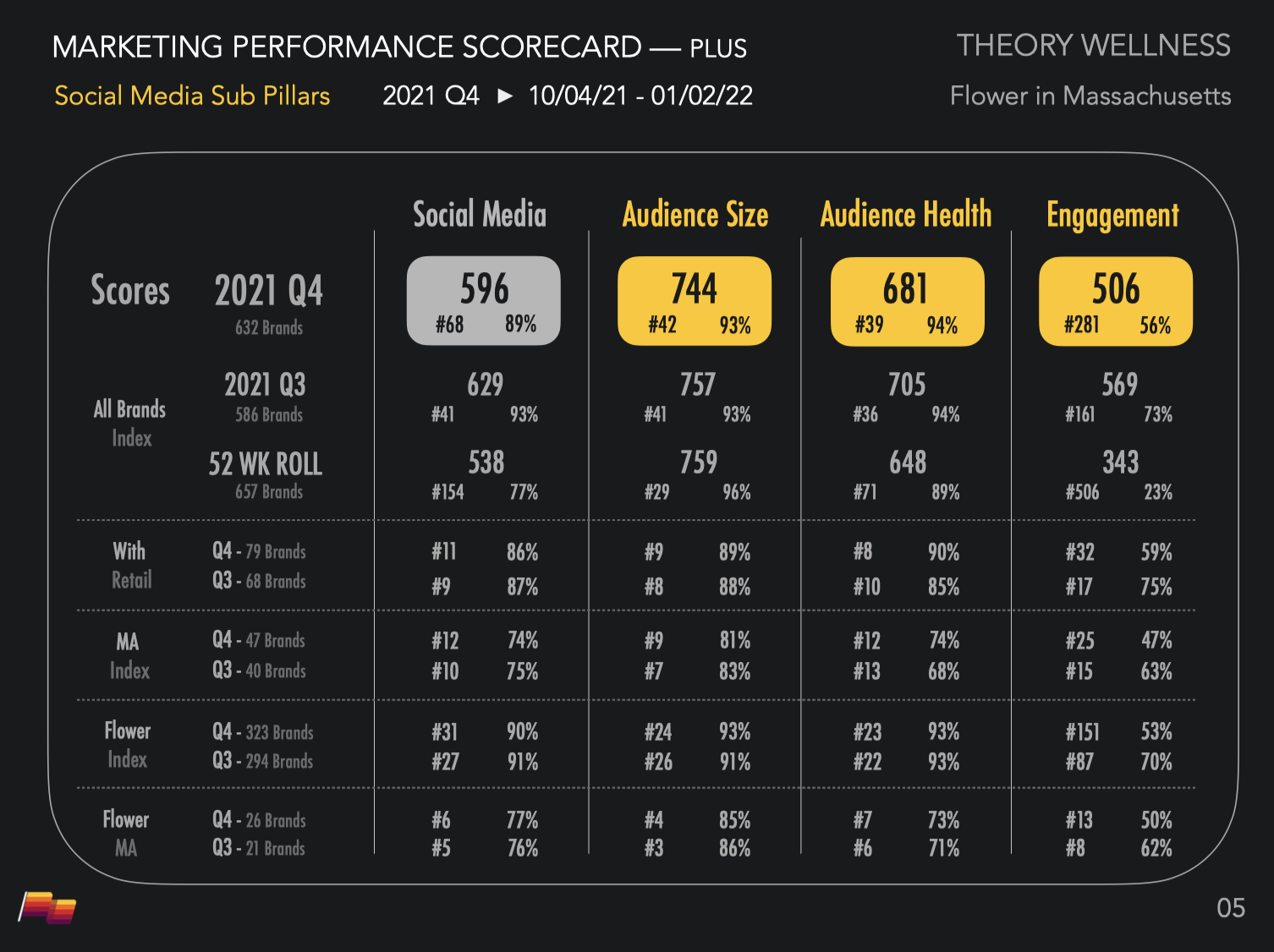 Pioneer Intelligence Social Media drill-down table analyzing Audience Size and Engagement for Theory Wellness.