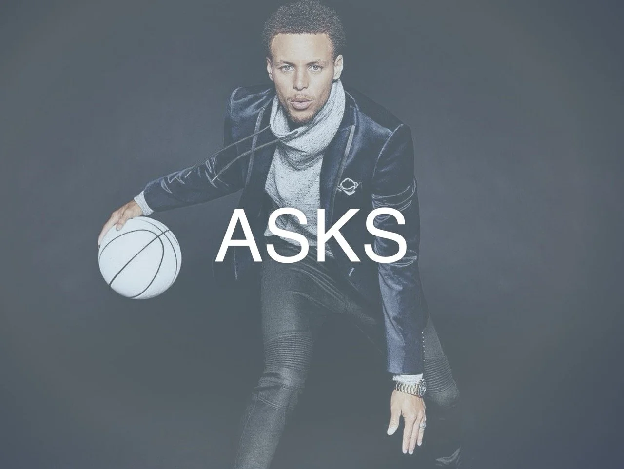 Presentation slide featuring a photo of Steph Curry dribbling with the text "ASKS" overlaid.