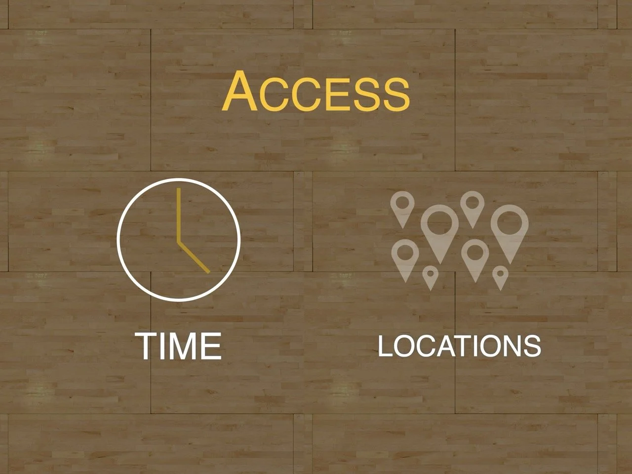 Slide titled "ACCESS" with icons defining the specific Time and Location requirements for production.