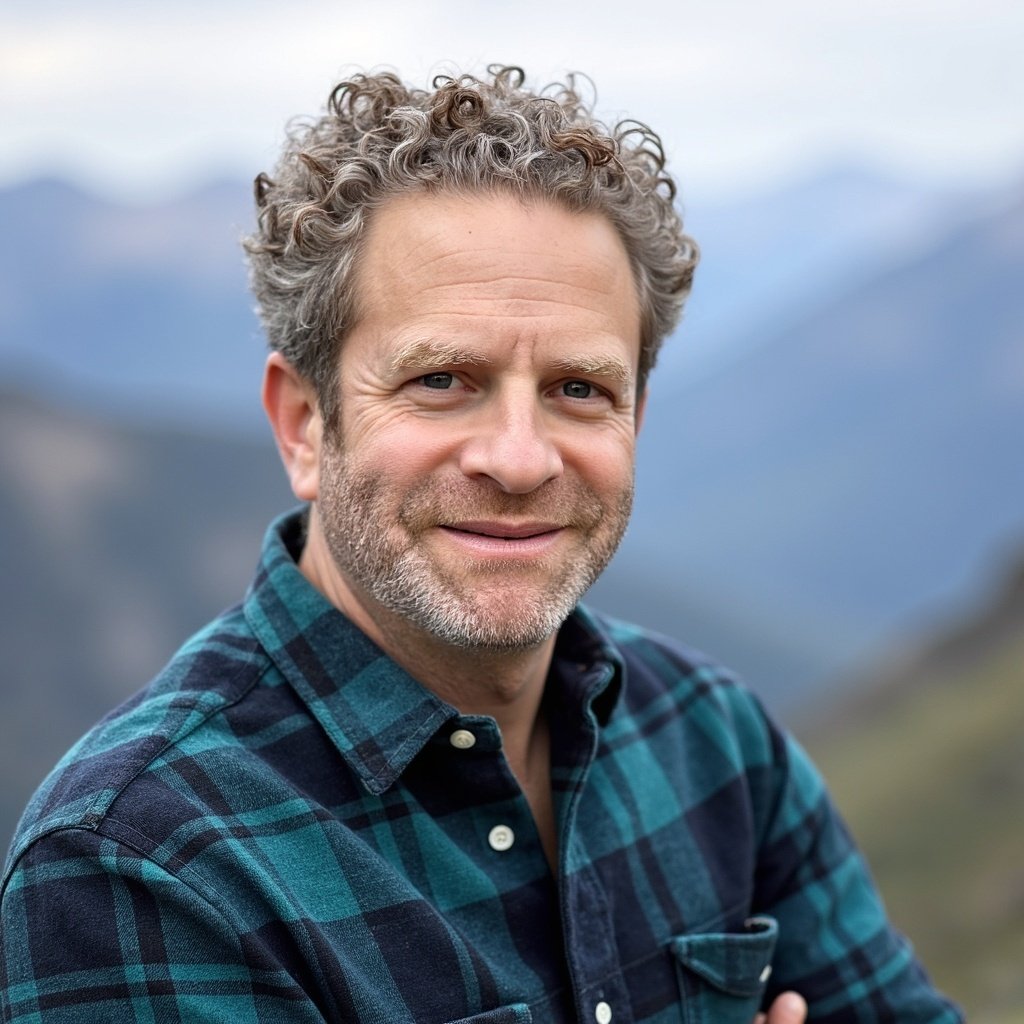 Marketer Ben Walters with curly salt-and-pepper hair, wearing a teal flannel shirt against a mountain landscape.