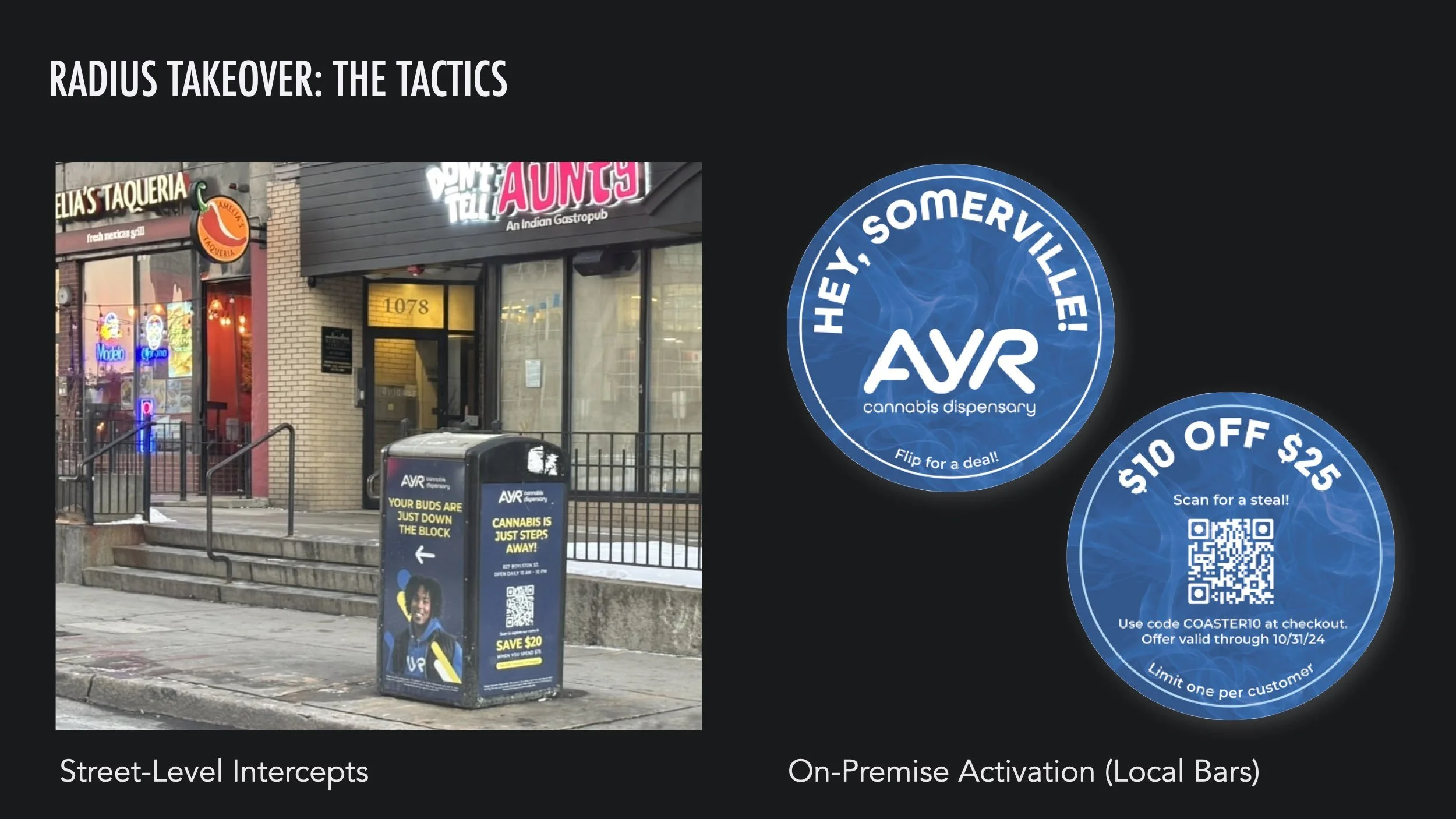 AYR's local marketing team used a variety of hyperlocal tactics to capture neighborhood visitors.  These included Big Belly trash can advertisements and bar coasters.