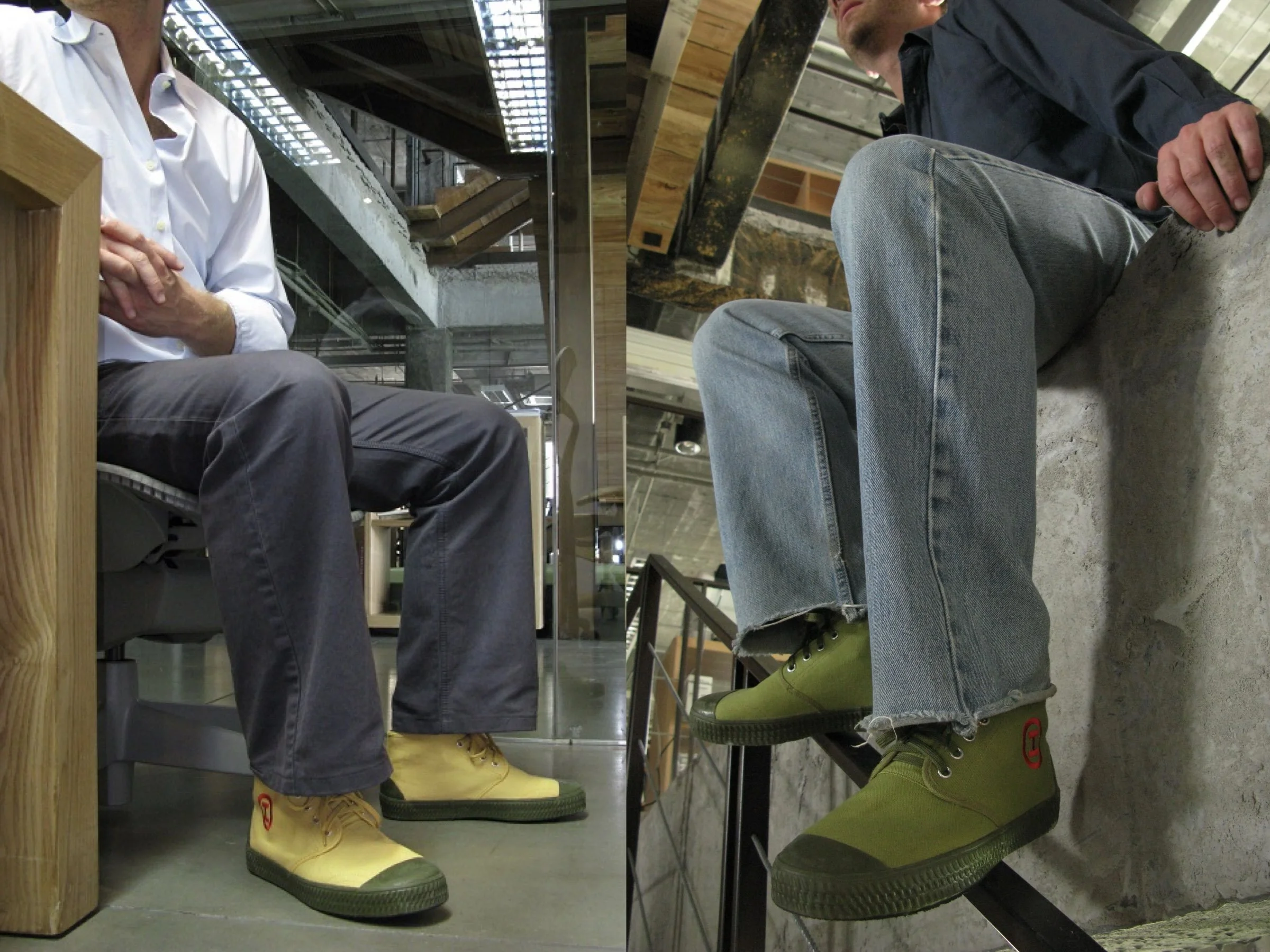Side by side comparison of a male model wearing yellow and green Ospop Skywolf sneakers in a modern design studio setting.