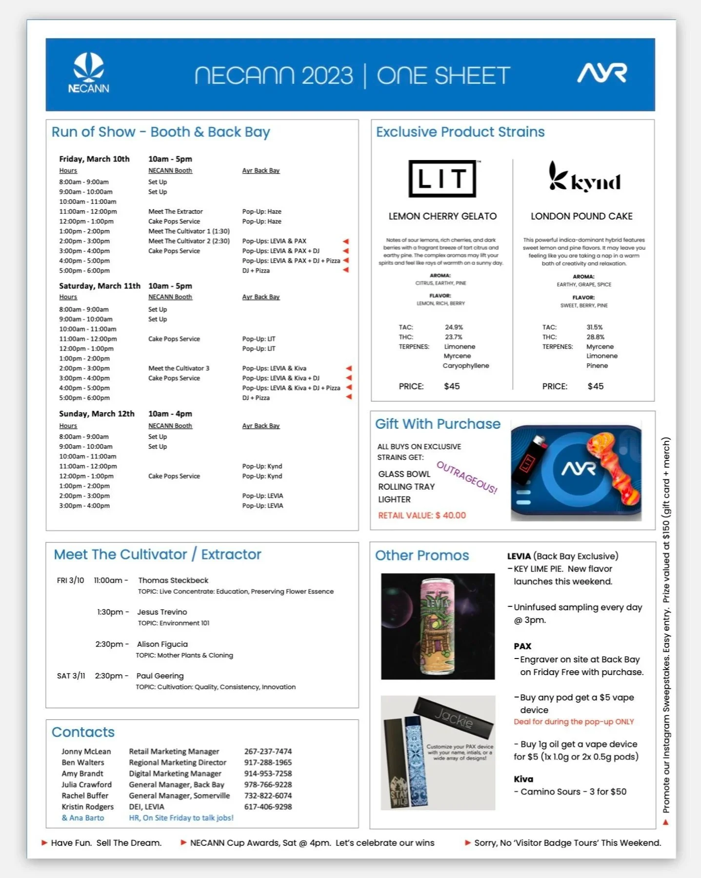 The AYR Wellness booth at NECANN was staffed by many members of the team. Marketing created a one-sheeter so all critical information for the weekend's activities would be known by all.