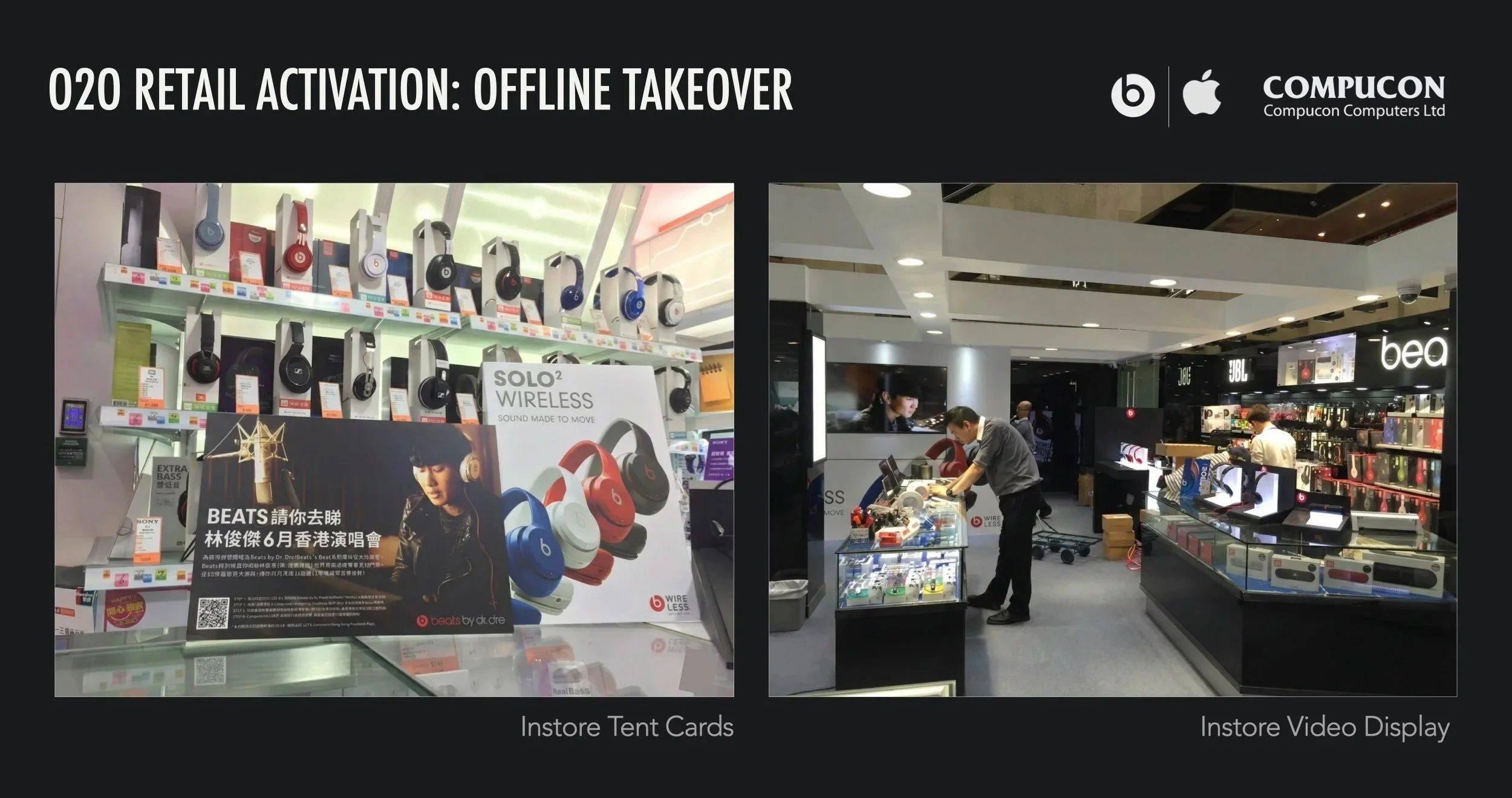 Wide angle view of a retail electronics store in Hong Kong featuring a dedicated Beats by Dre experiential zone with customers, video displays, and product demo stations.