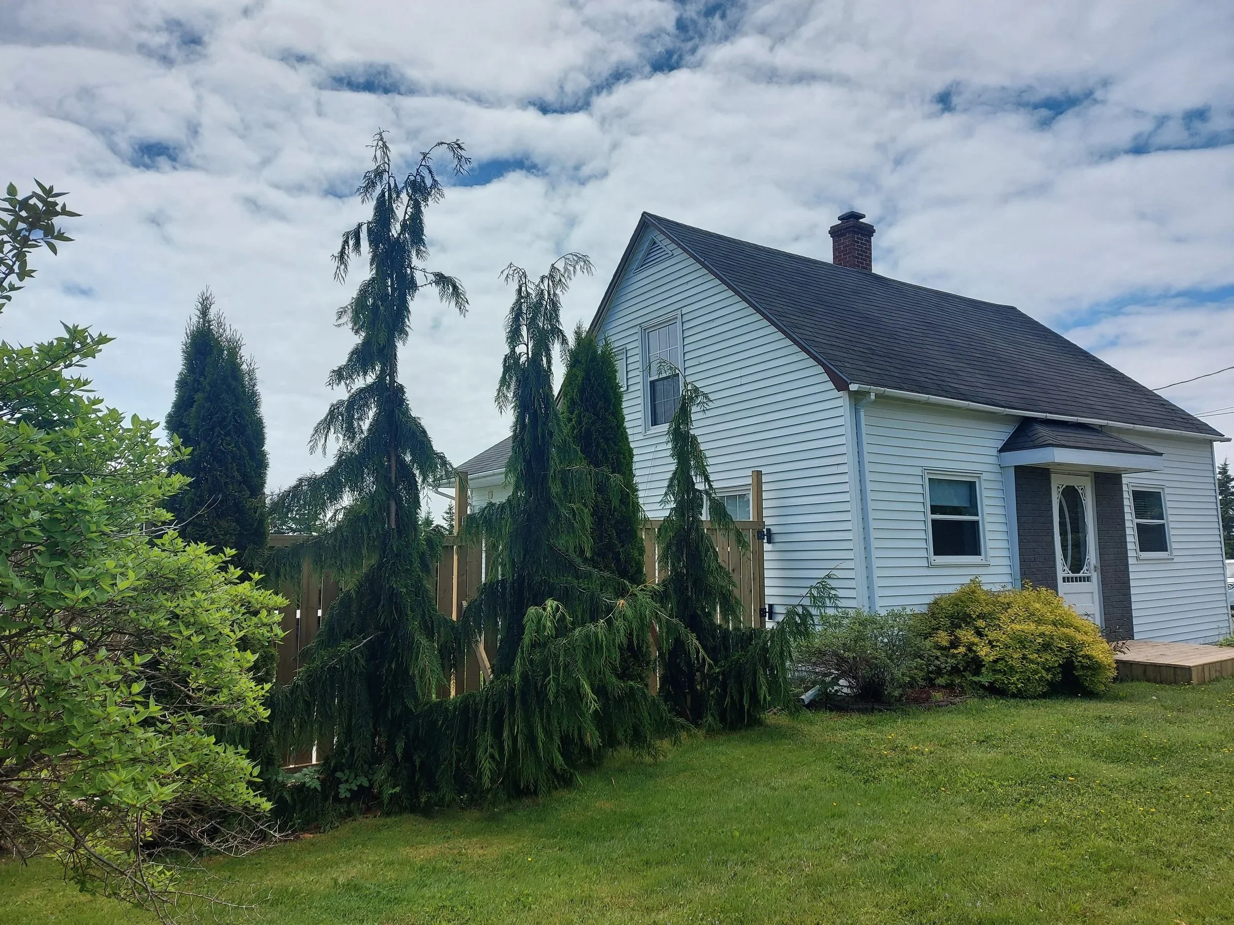 A white house with a dark roof, small porch, and chimney, surrounded by green trees and shrubs, under a partly cloudy sky.