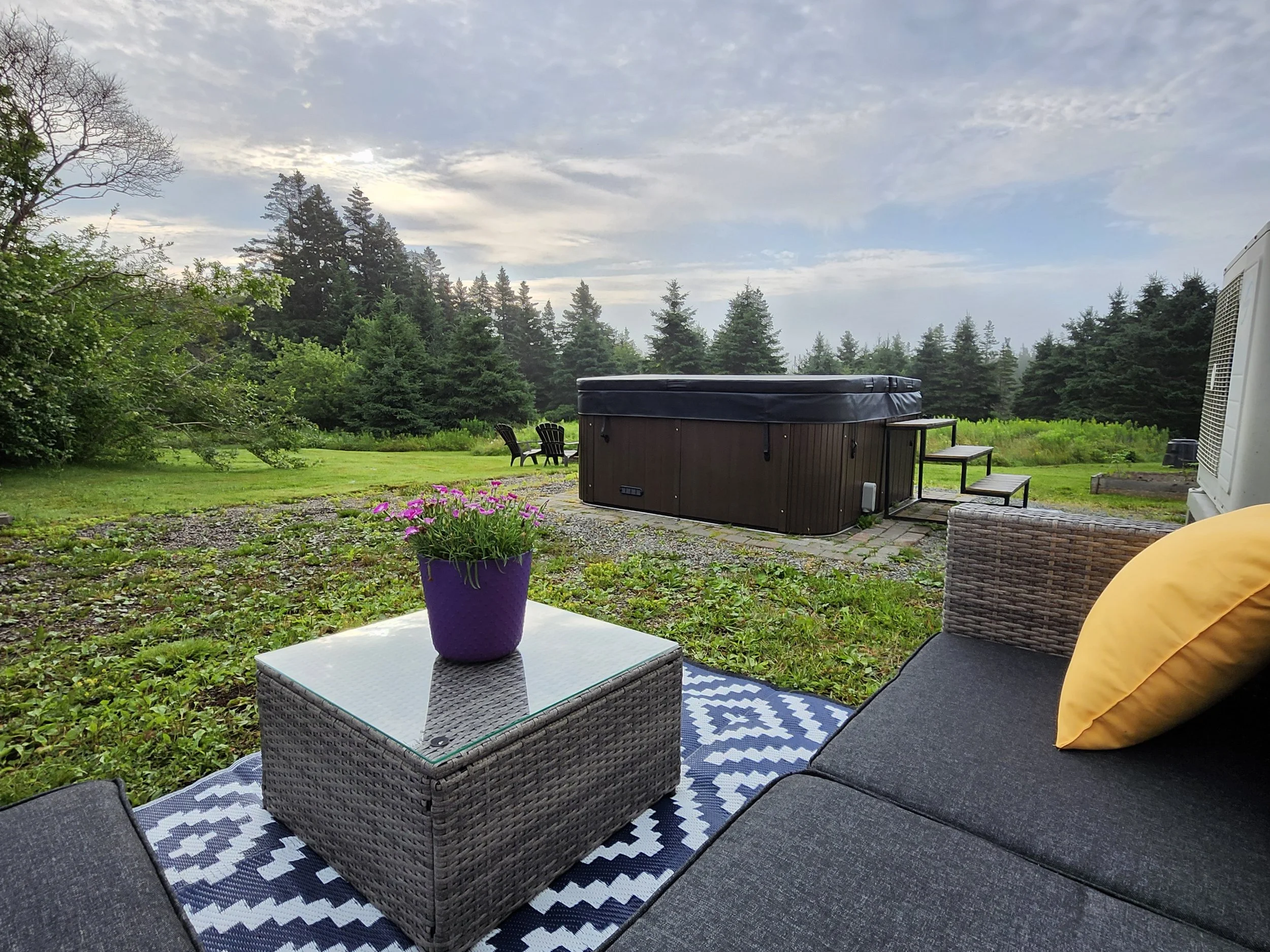 Outdoor patio with a wicker table with purple flower pot, dark lounge sofa with yellow pillow, patterned outdoor rug, hot tub, and green lawn with trees in the background.