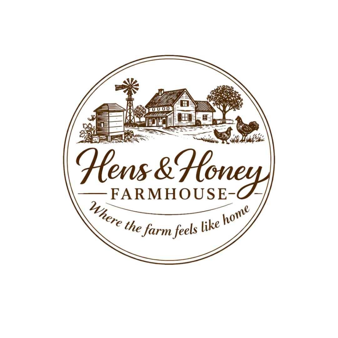 Brown circular logo for Hens & Honey Farmhouse with a farm scene illustration of a house, barn, windmill, a tree, and chickens, with the slogan "Where the farm feels like home."