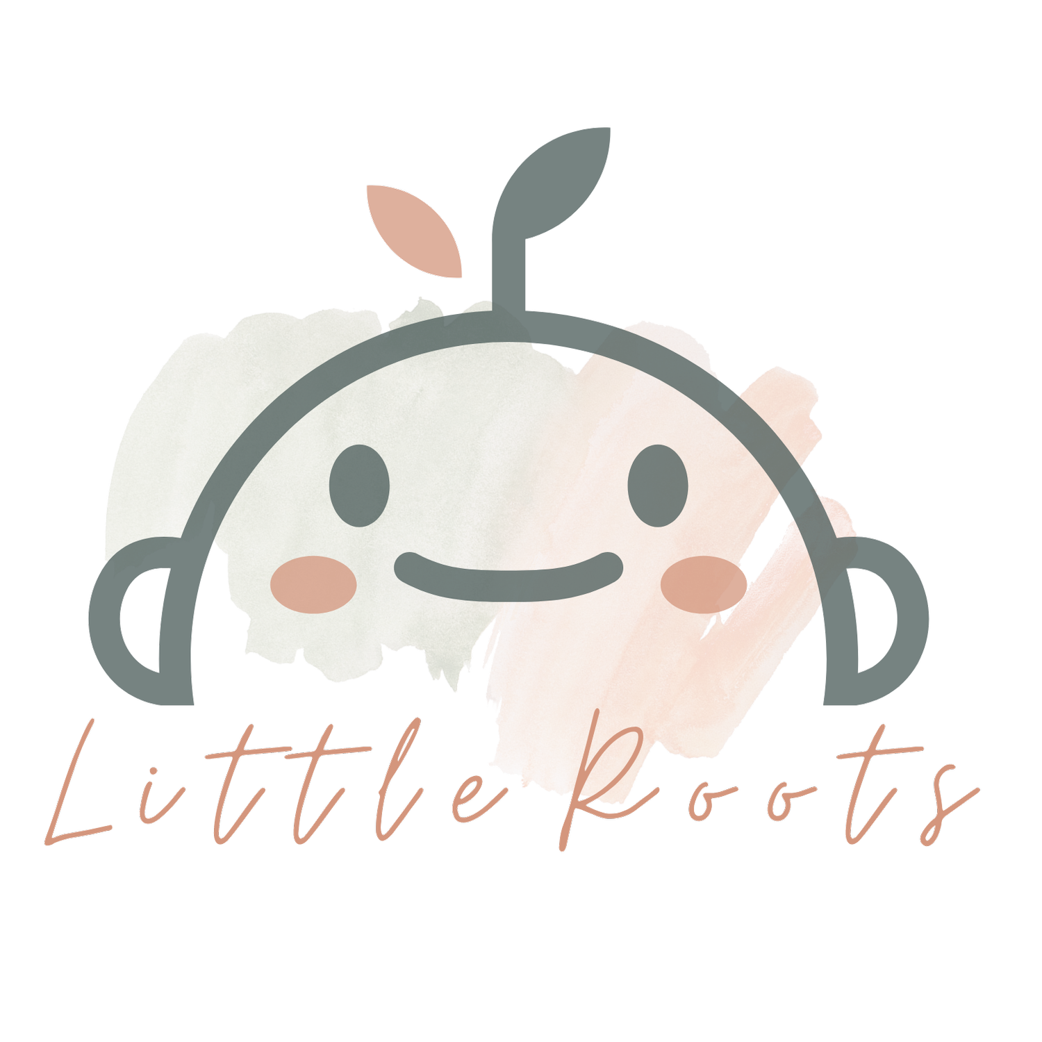 A cute cartoon illustration of a smiling face with a headset, decorated with watercolor images of lettuce, a carrot, and a celery stalk. Text reading "Little Roots" is written below in pink cursive font.
