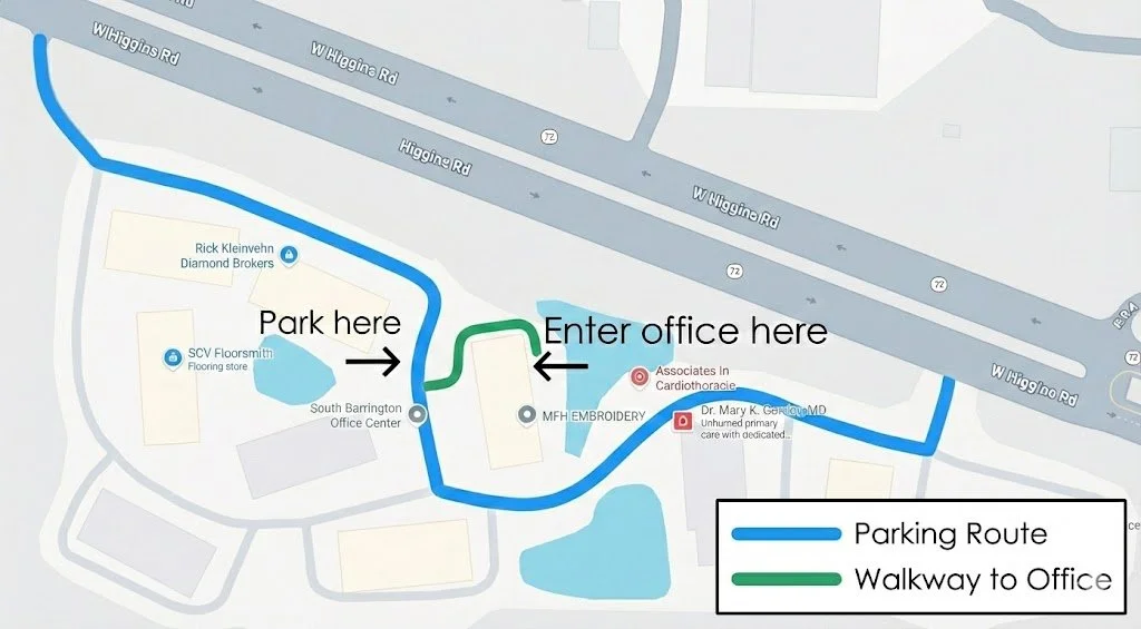 Map showing a parking route in blue and a walkway to the office in green, with labels indicating where to park and where to enter the office, located near W Higginson Road.