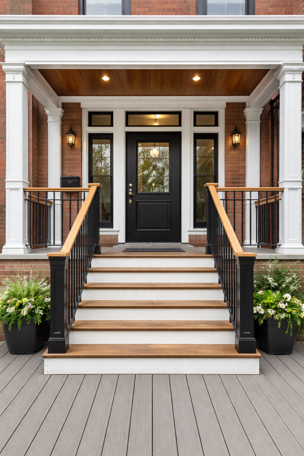 Front porch of a house with a black door, brick walls, white trim, wooden steps, and potted plants, illuminated by wall-mounted lanterns.