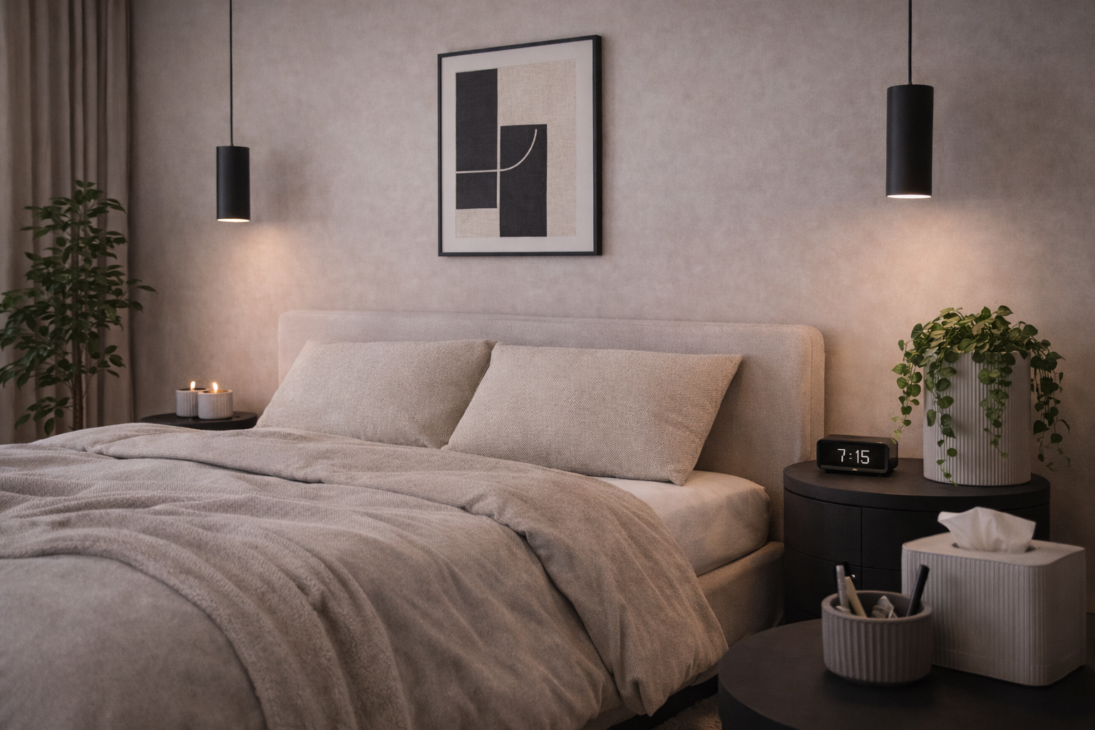 Chambre moderne avec lit beige, cadre noir, deux lampes suspendues, tableau abstrait, deux plantes en pot, horloge numérique, boîte de mouchoirs et objets de décoration.