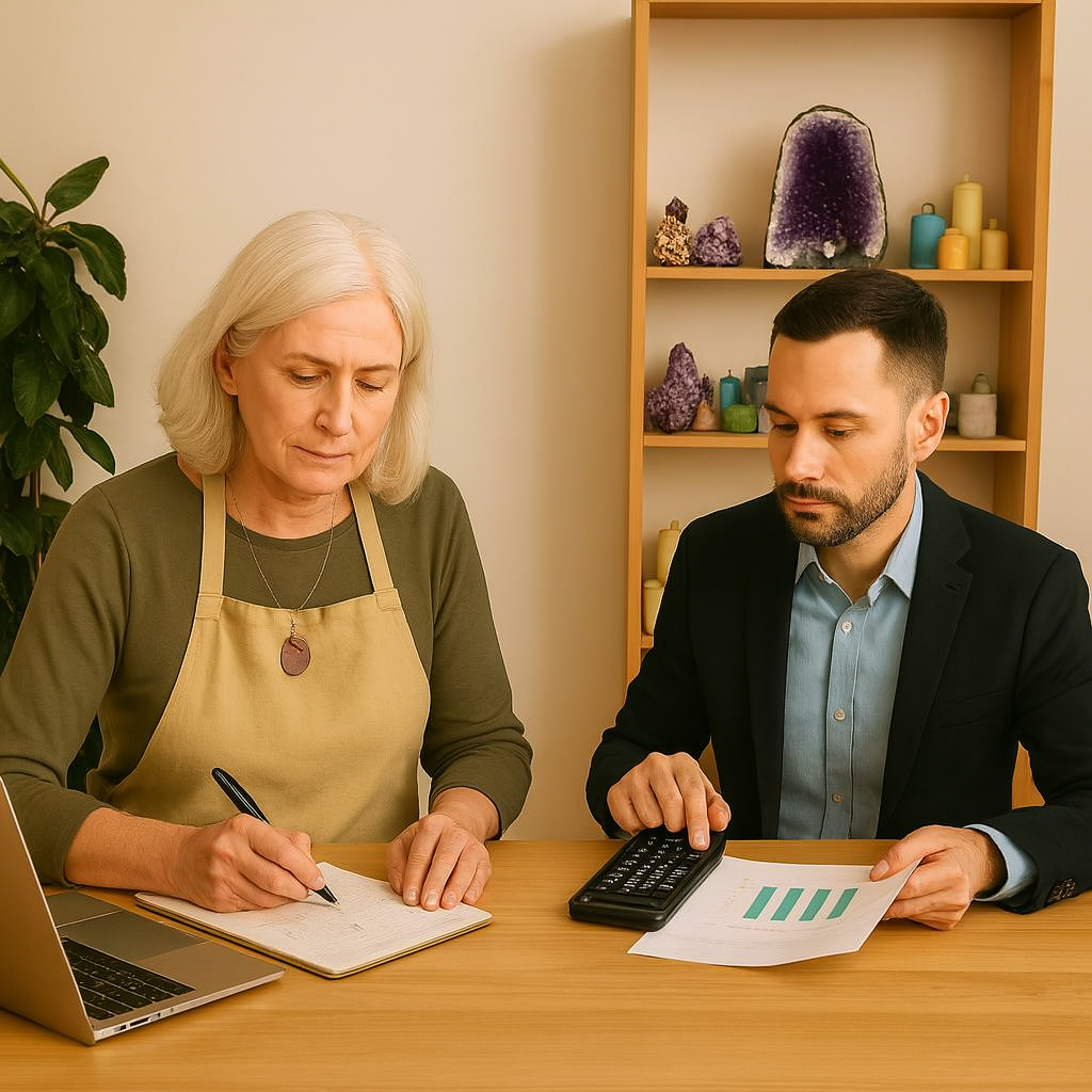 An older woman and a younger man sitting at a table, working with documents and a calculator, in an office or consulting setting.