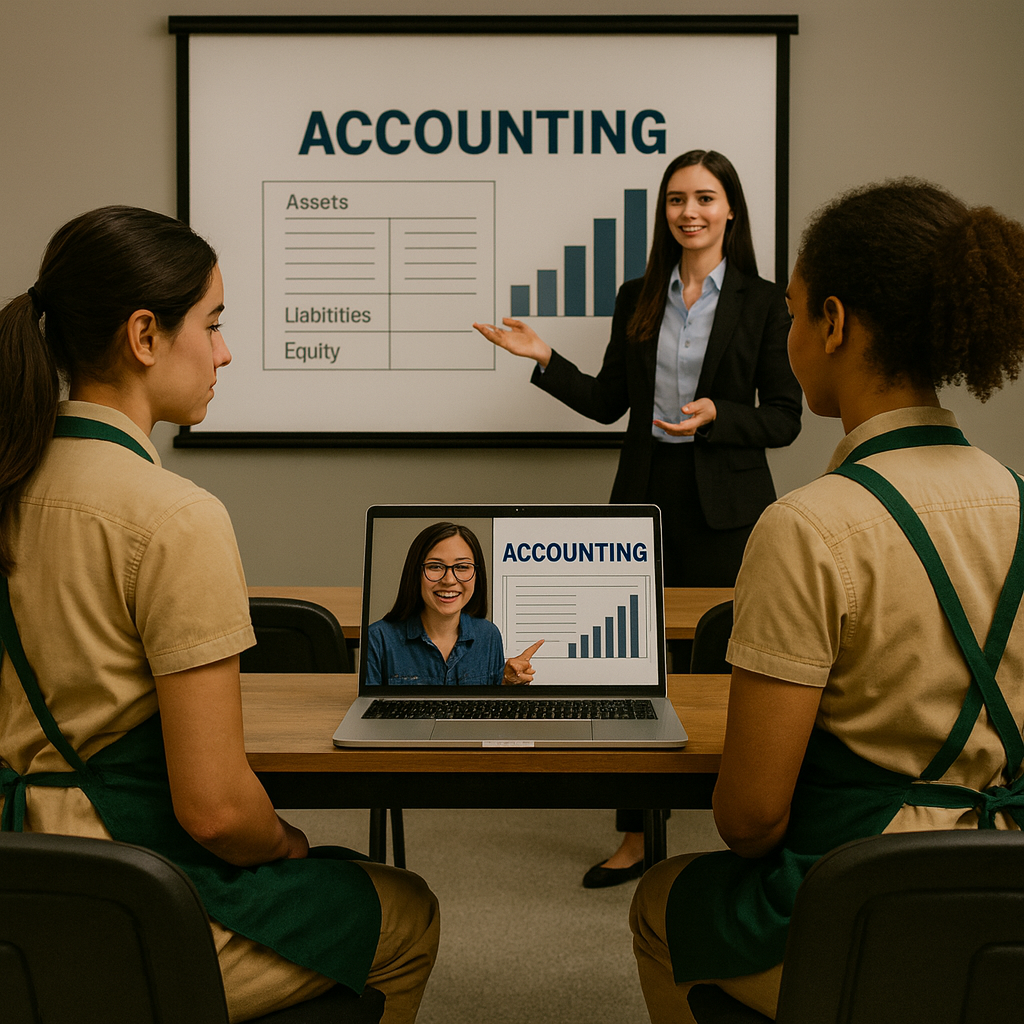 A woman giving a presentation on accounting to a group of employees.