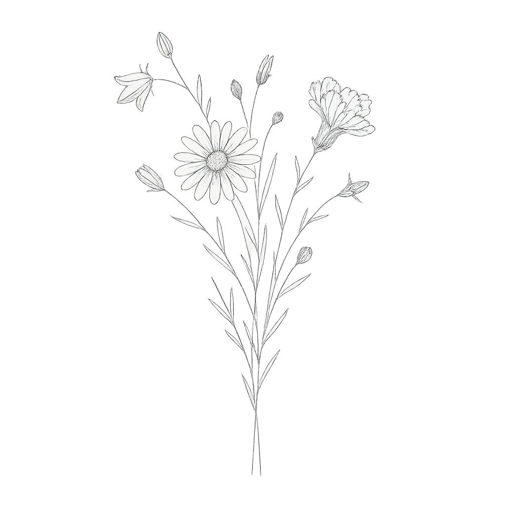 Line drawing of a bouquet of various flowers, including daisies and smaller blossoms, on a lit background.