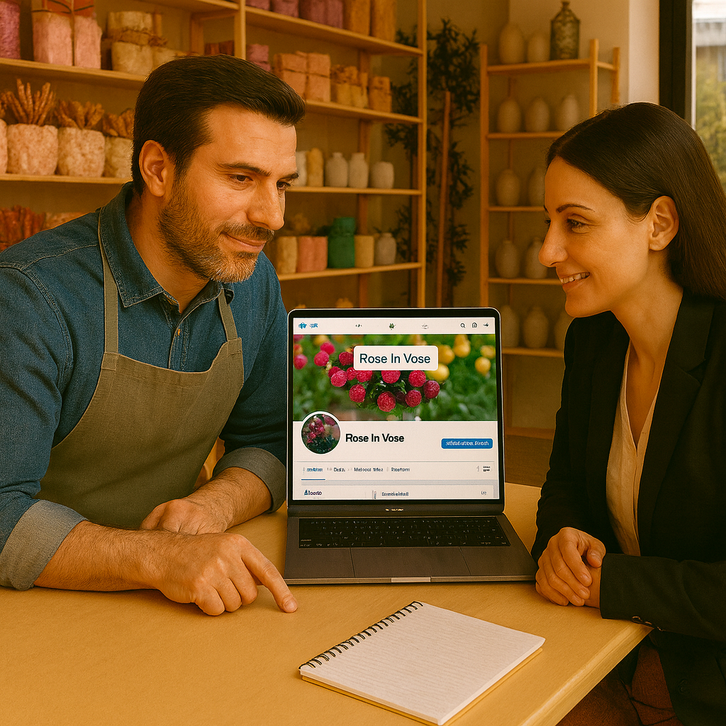 A man and a woman sitting at a table in a store, looking at a tablet discussing website design and social media presence for the business.