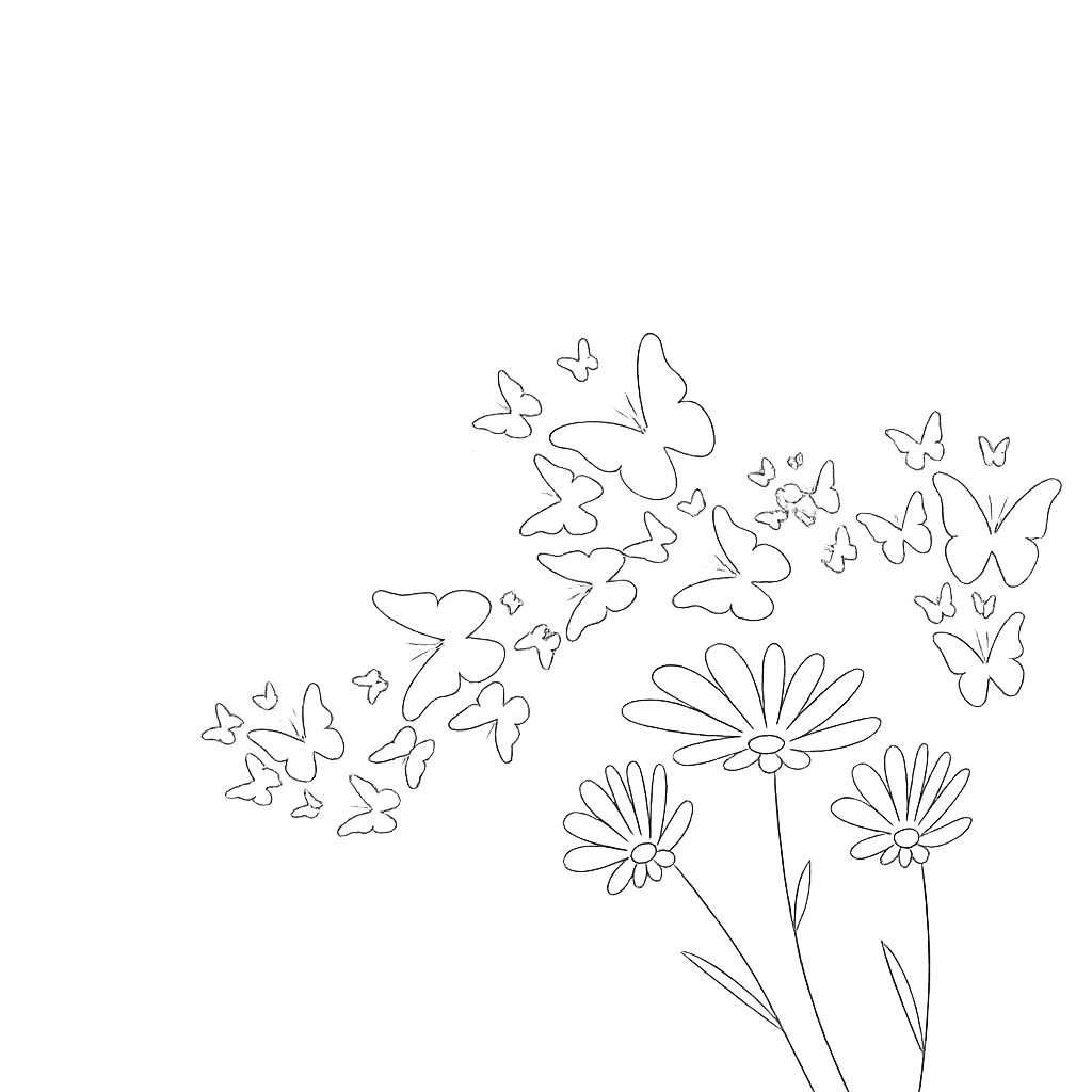 Line drawing of a bouquet of daisies with multiple butterflies flying around it.