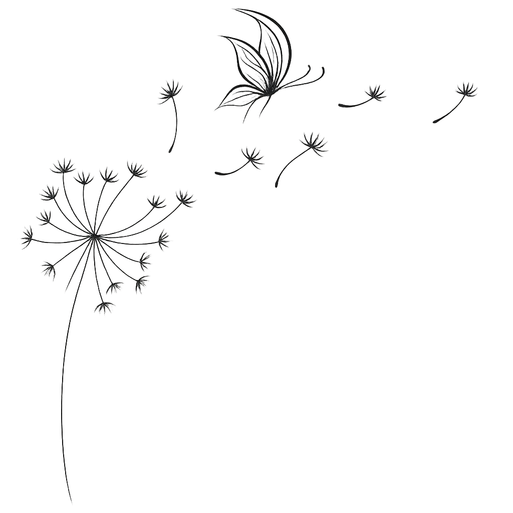 A black and white illustration of a butterfly and dandelion flowers, with some dandelion seeds floating away.