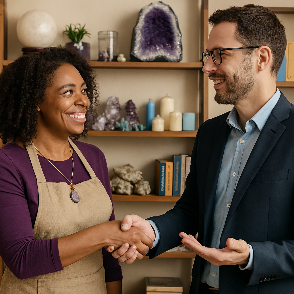 A woman in a purple top and beige apron shaking hands with a man in a suit, both smiling, in front of a shelf with decorative objects and books.