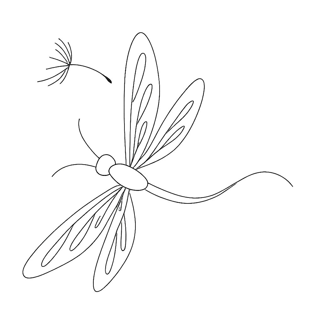 Line drawing of a dragonfly with detailed wings and a small flower on a black background.