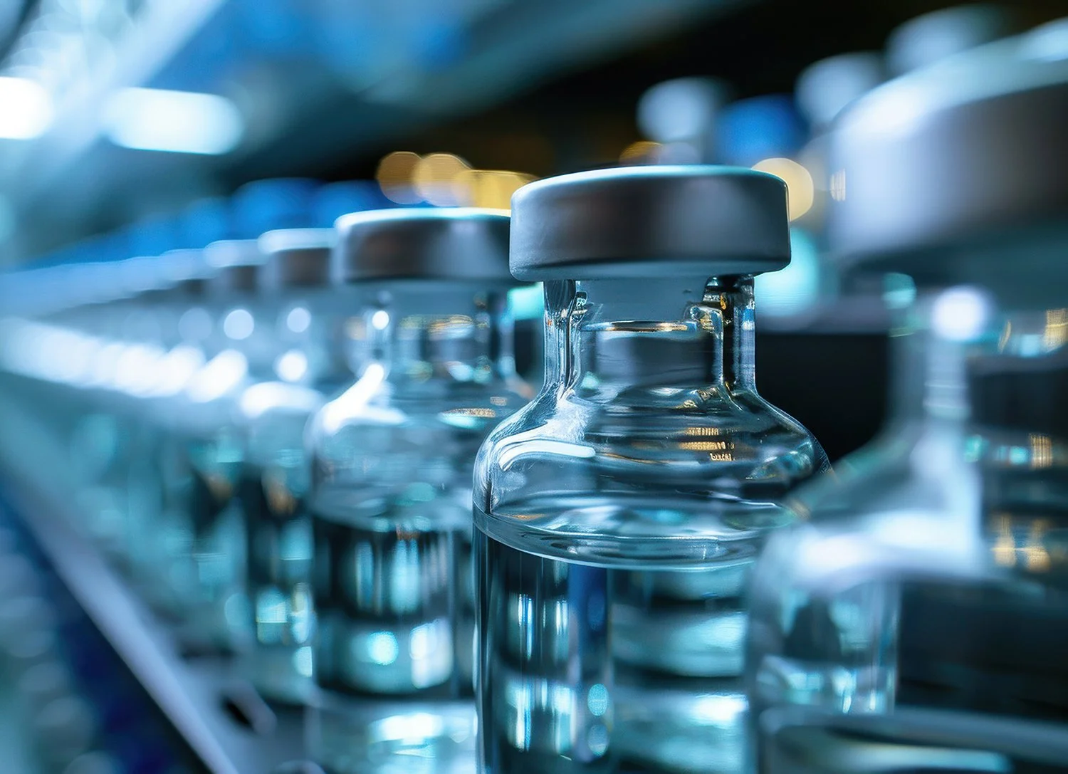 Close-up of glass vials with gray caps arranged in a row on a conveyor belt in a laboratory or pharmaceutical setting.