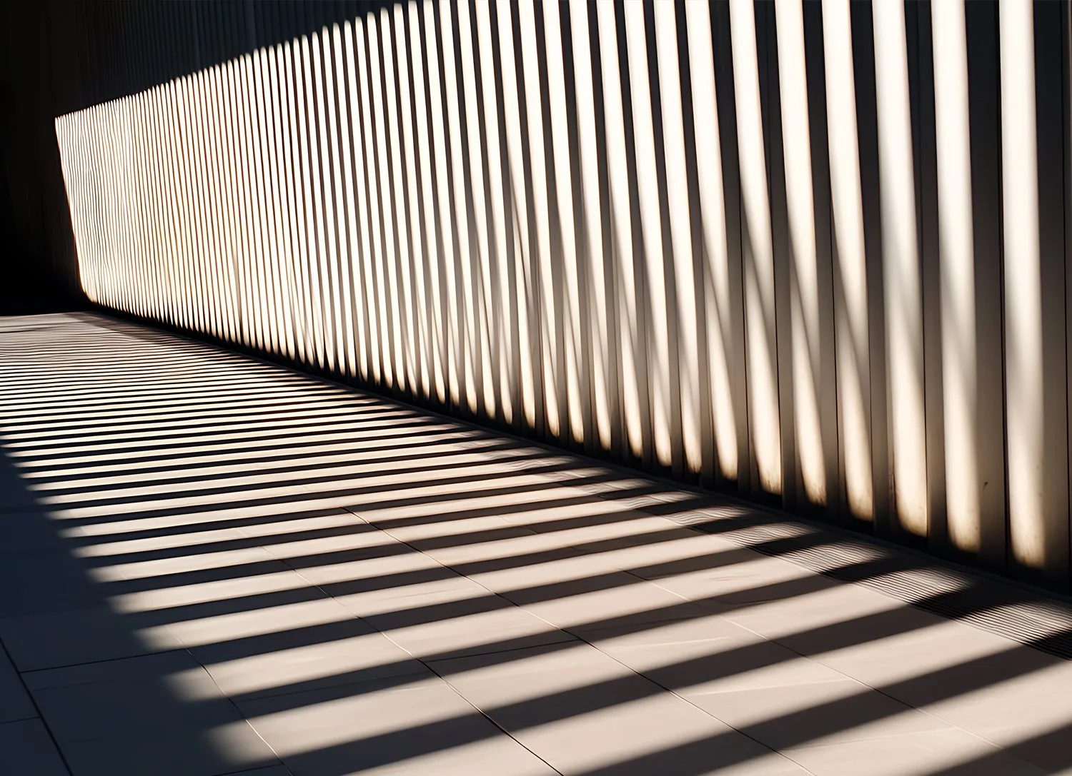 Sunlight passing through vertical slats creating striped shadows on a wall and tiled floor.