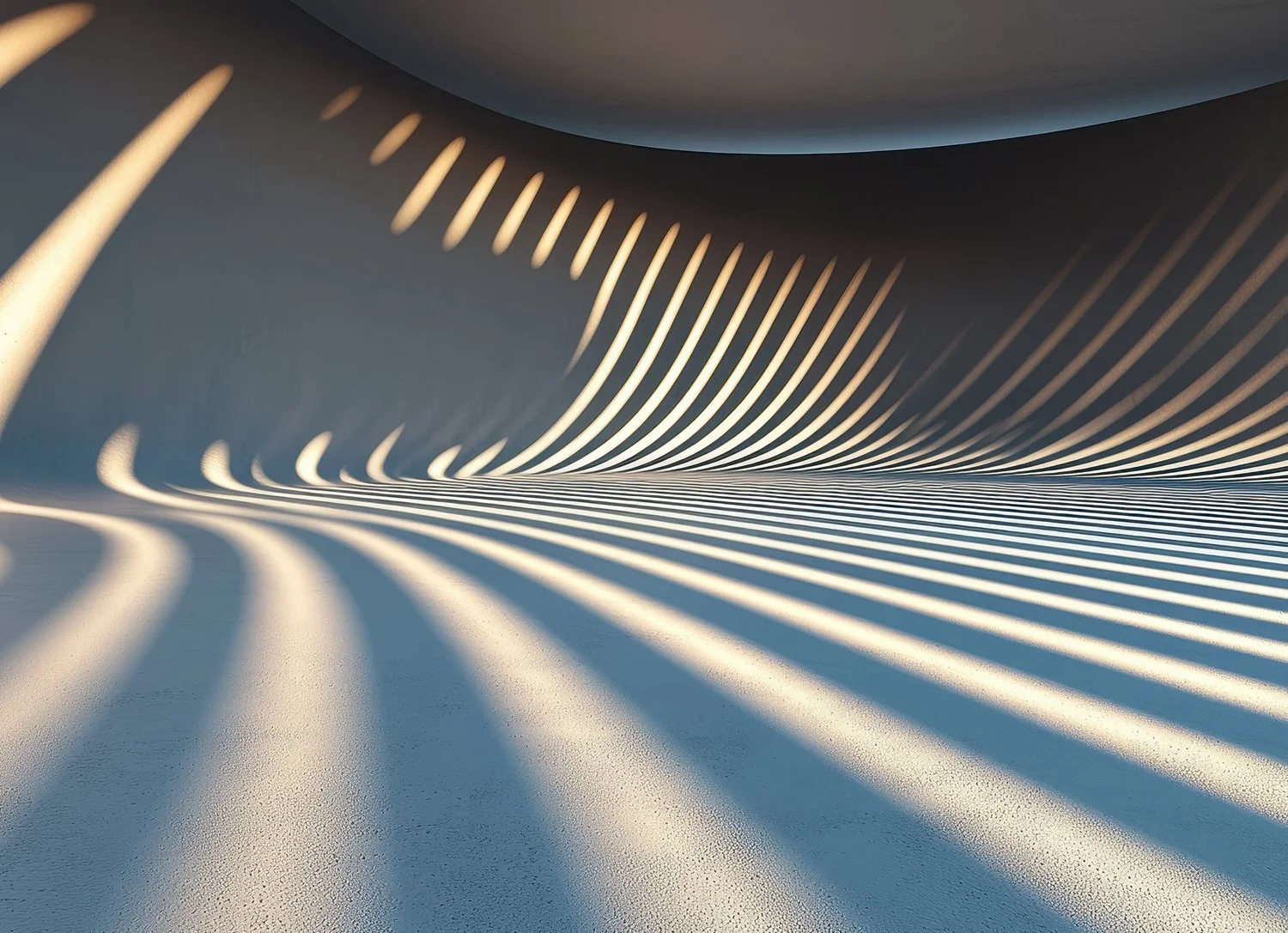 Abstract architectural structure with curved lines and shadows creating a pattern on the floor and walls.