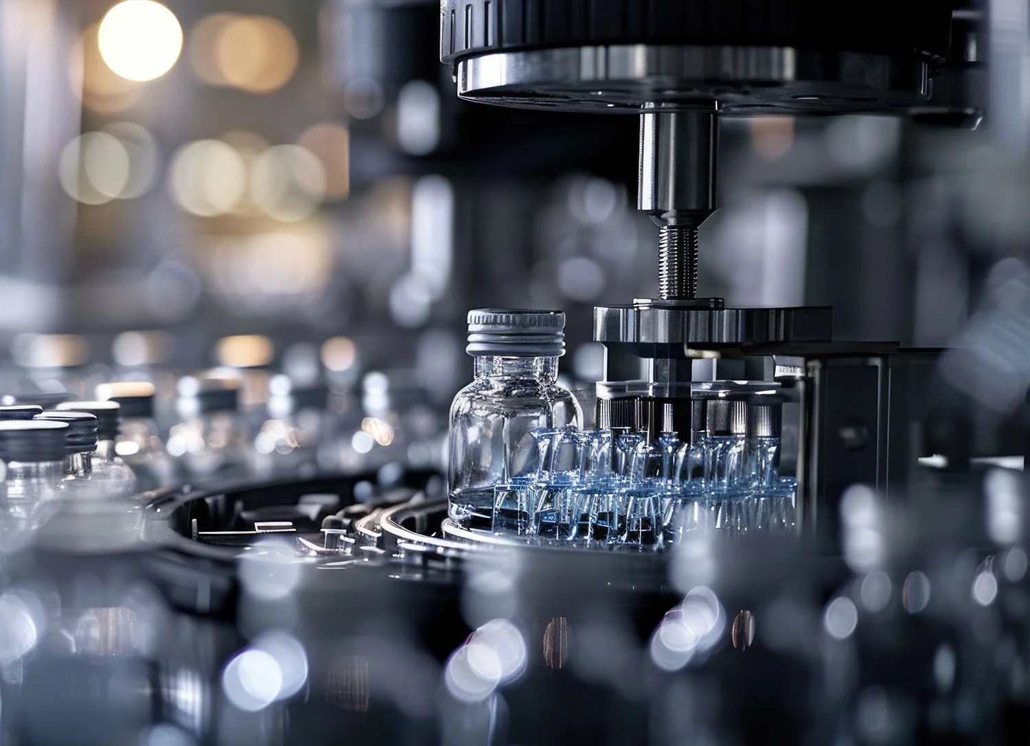 A close-up view of glass vials on a production line in a pharmaceutical or biotech facility, with machinery and equipment in the background.
