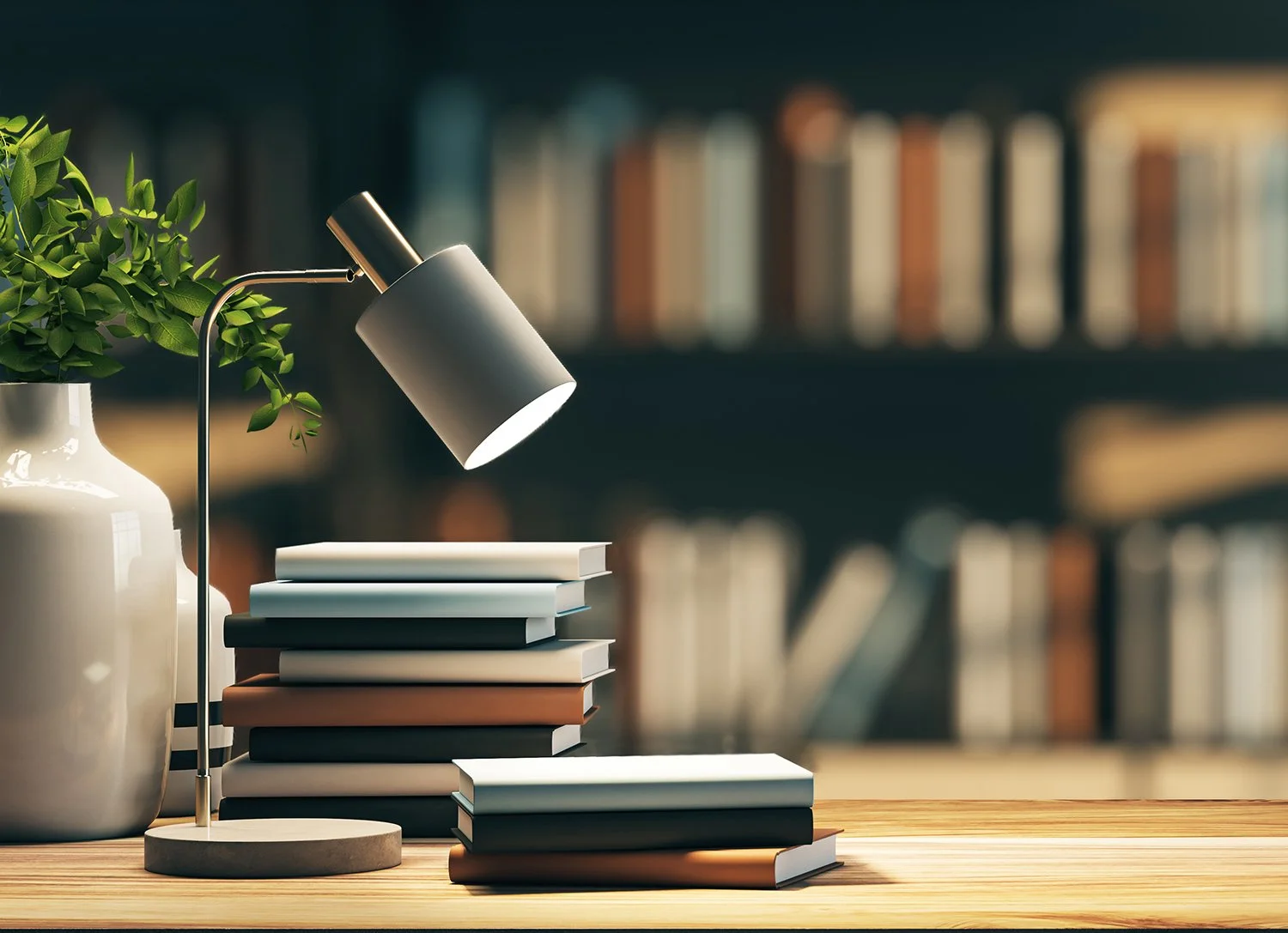 A desk with a stack of books, a potted plant, and a modern desk lamp in a cozy library or study room.
