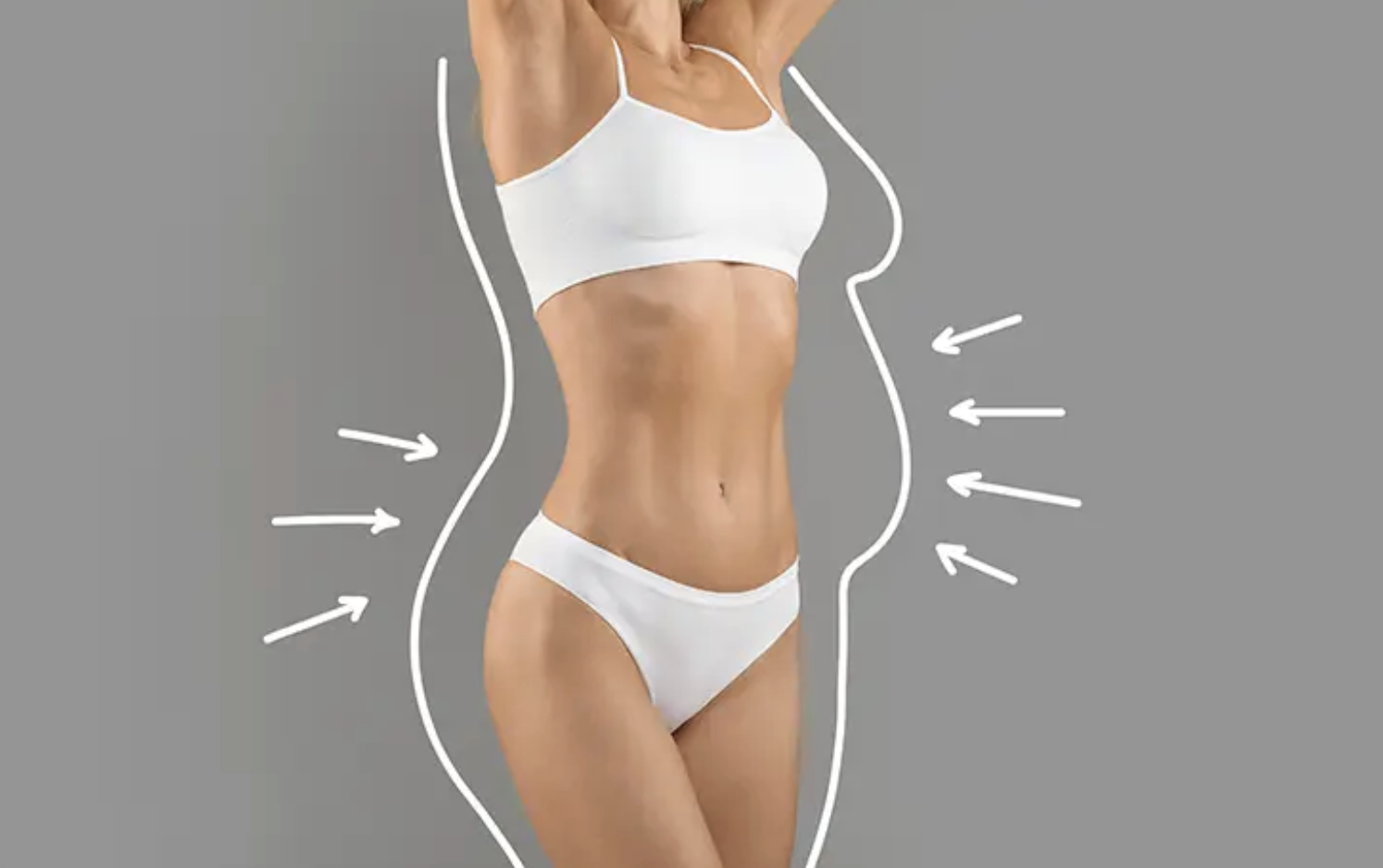 A woman in white underwear and sports bra with white arrows pointing inward from both sides around her waist, indicating slim waistline.