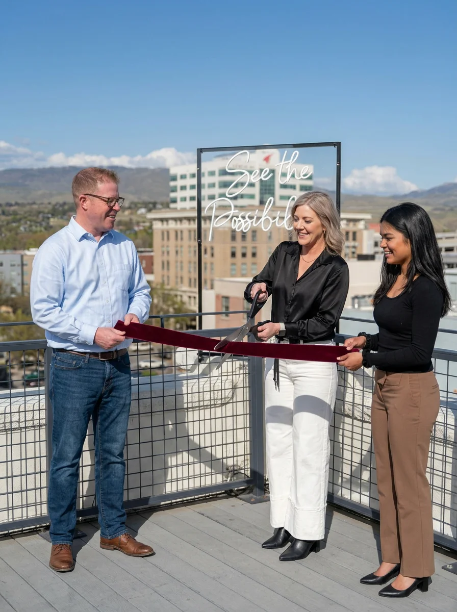 Three people are at a rooftop event, celebrating a ribbon-cutting ceremony with a large red ribbon, scissors, and a backdrop that says 'See the Possible'. They are smiling and dressed in business casual attire, with a cityscape and mountains in the background on a clear, sunny day.