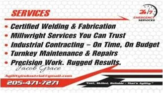 Advertisement listing services including certified welding and fabrication, millwright services, industrial contracting, turnkey maintenance and repairs, and precision work. Contact number is 205-471-7271.